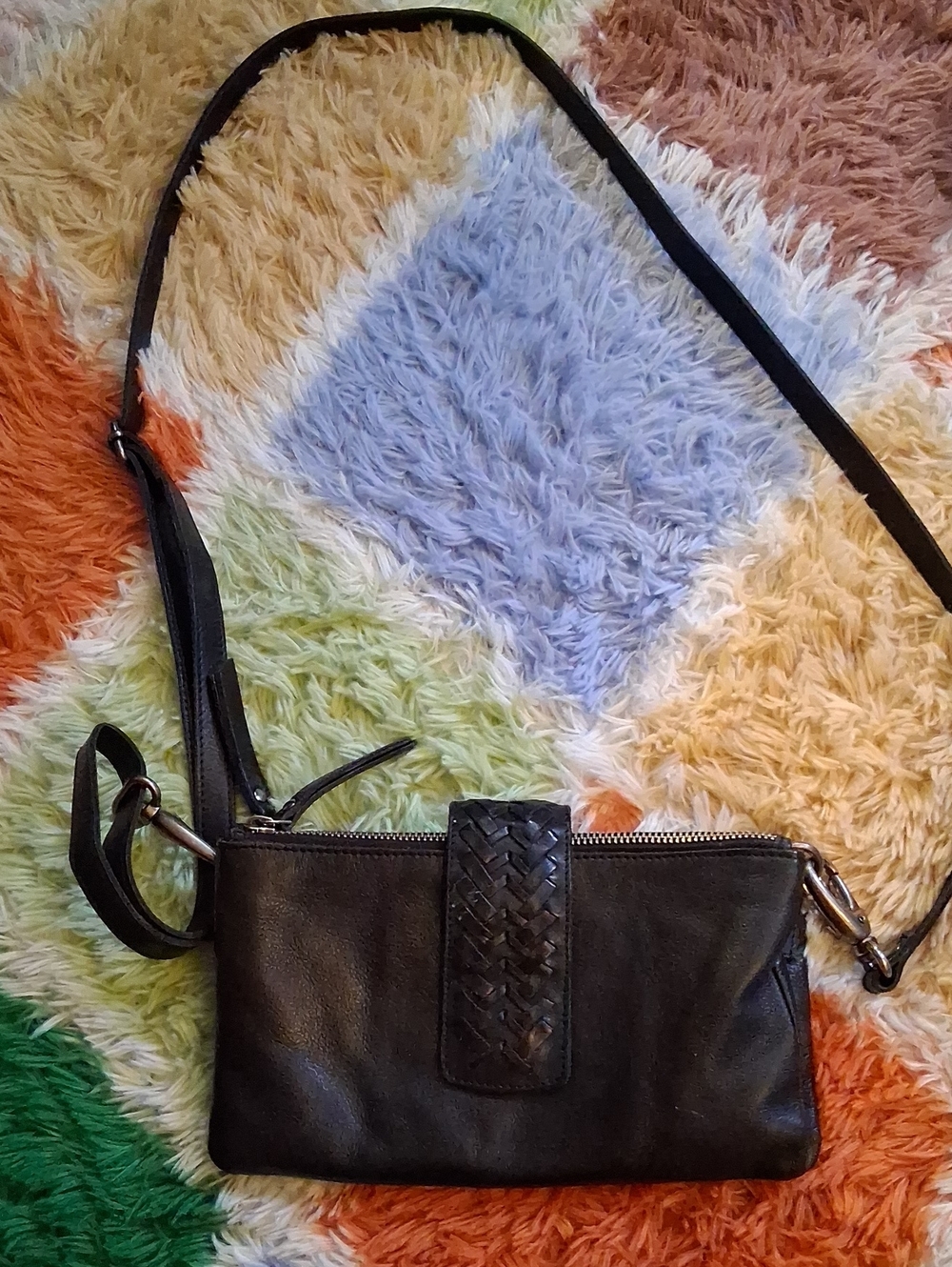 Latico Black Leather Crossbody Bag with Woven Accent